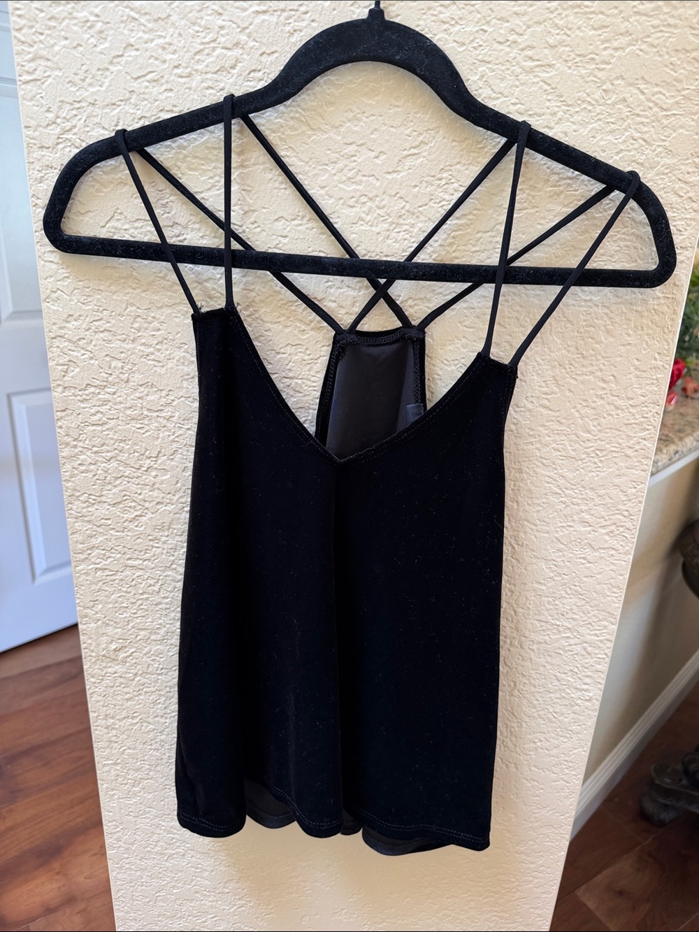 Snap Black Strappy Cami with Crisscross Back stretch velvet